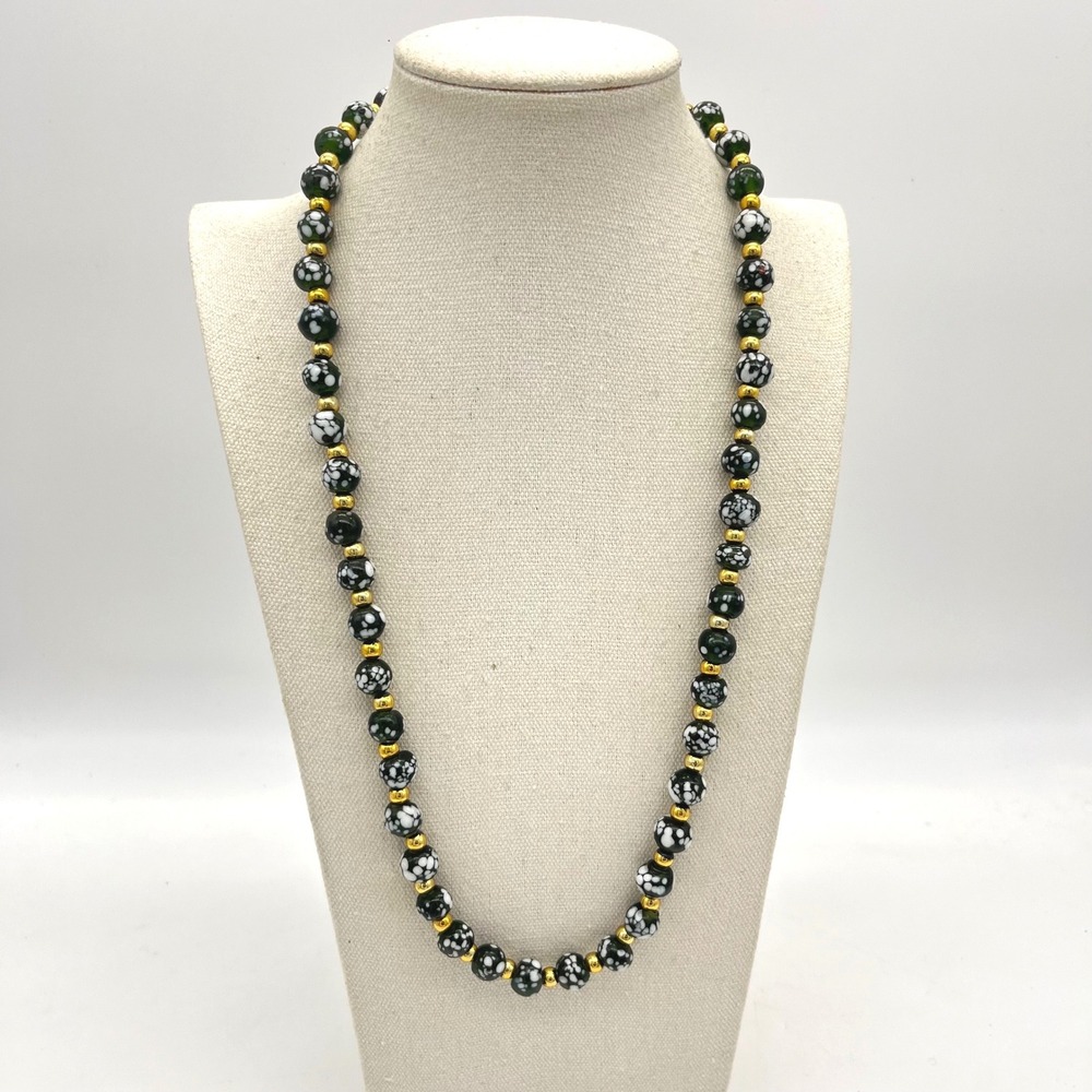 Vintage Black White Speckled Glass Bead Necklace Gold Spacers Red Tassel 24in